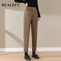 realeft 2021 new suit woolen pants winter elegant high waist trousers pockets ankle length ol style womens suit pants female