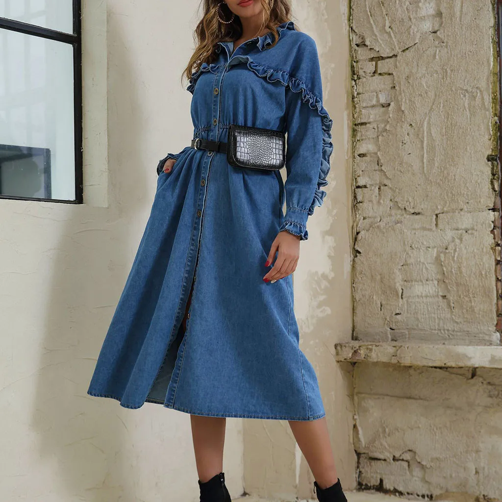 2019 женское осеннее офисное джинсовое платье рубашка с рюшами длинными рукавами и