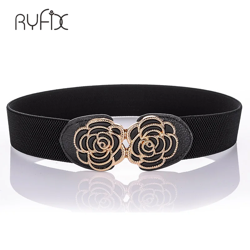 Women Ladies Girls Fashion Wide Braided PU Leather Black Stretchy Elastic Waist Belt Waistband Elastic Waist Flora Buckle BL276