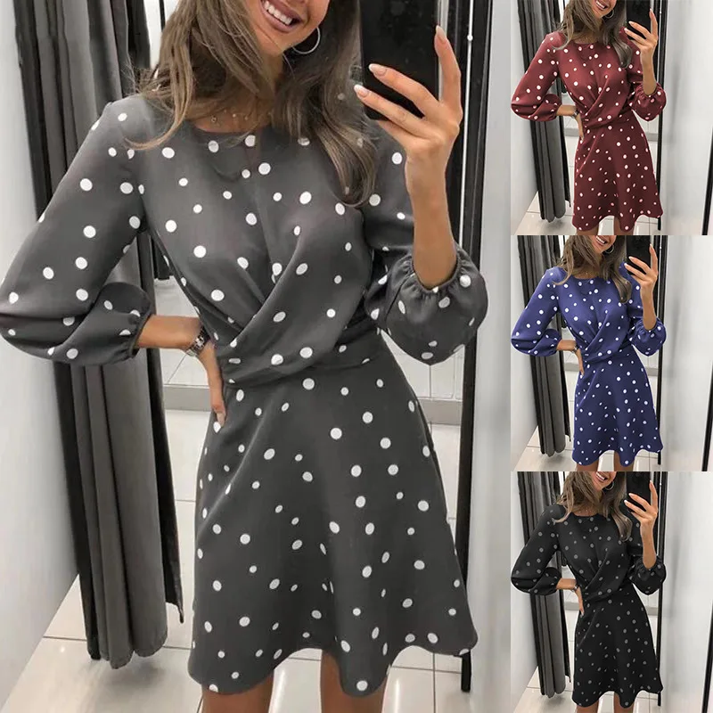 

ELIJOIN2021 autumn women's dress round neck long sleeve dress polka dot printed dress women.