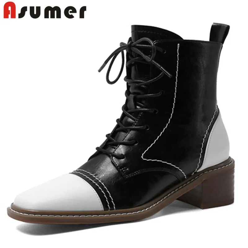 

ASUMER quality genuine leather mixed colors casual shoes women ankle boots square toe comfortable low heel casual shoes woman