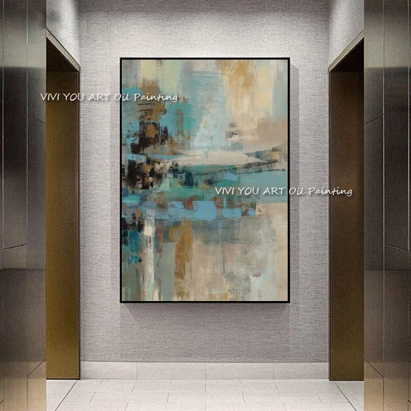 

Абстрактная серая Золотая картина маслом на холсте синяя 100% современная Скандинавская Настенная картина ручной работы украшение для спаль...