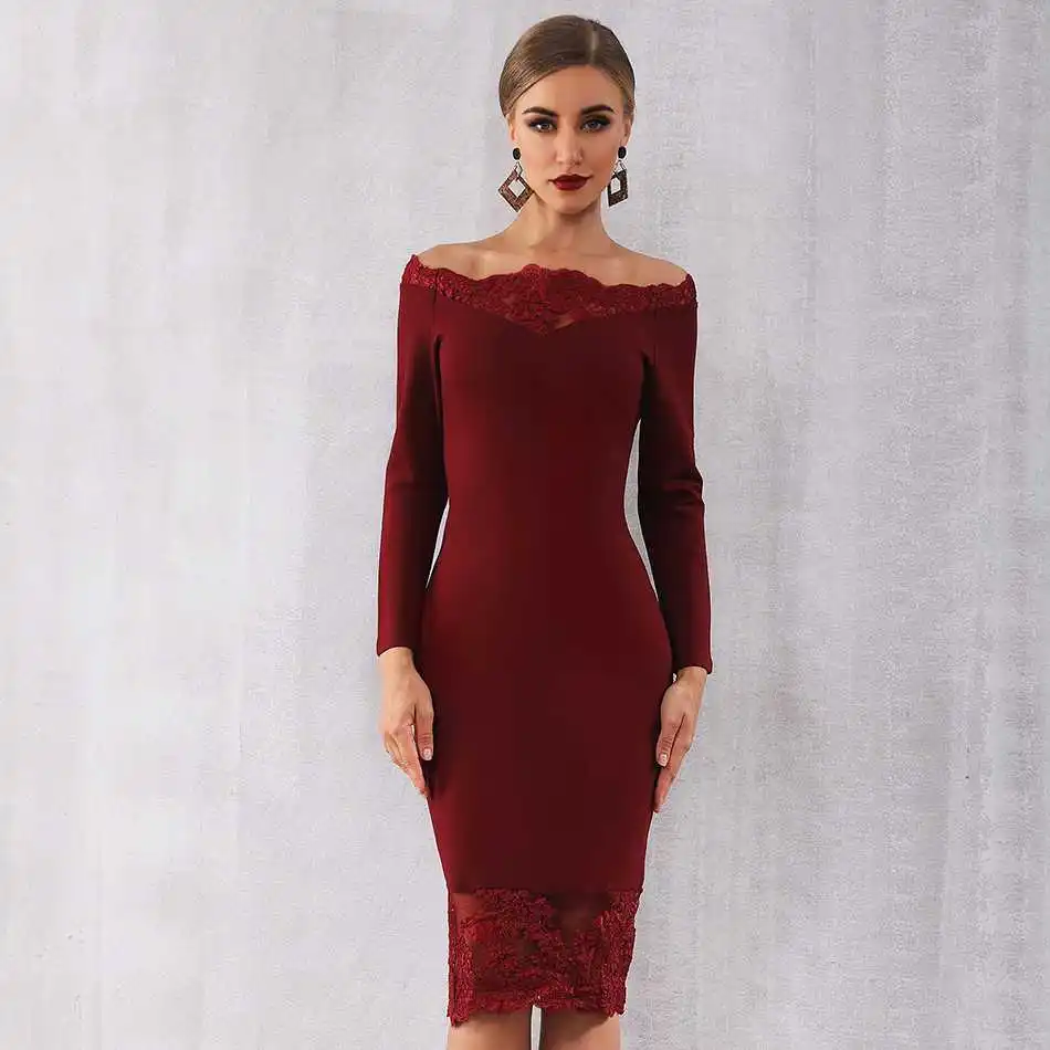Seamyla, новинка, женское Бандажное платье, Vestidos, с вырезом лодочкой, кружевное, для знаменитостей, вечерние, сексуальное, винно-красное, черное, облегающее, Клубное платье