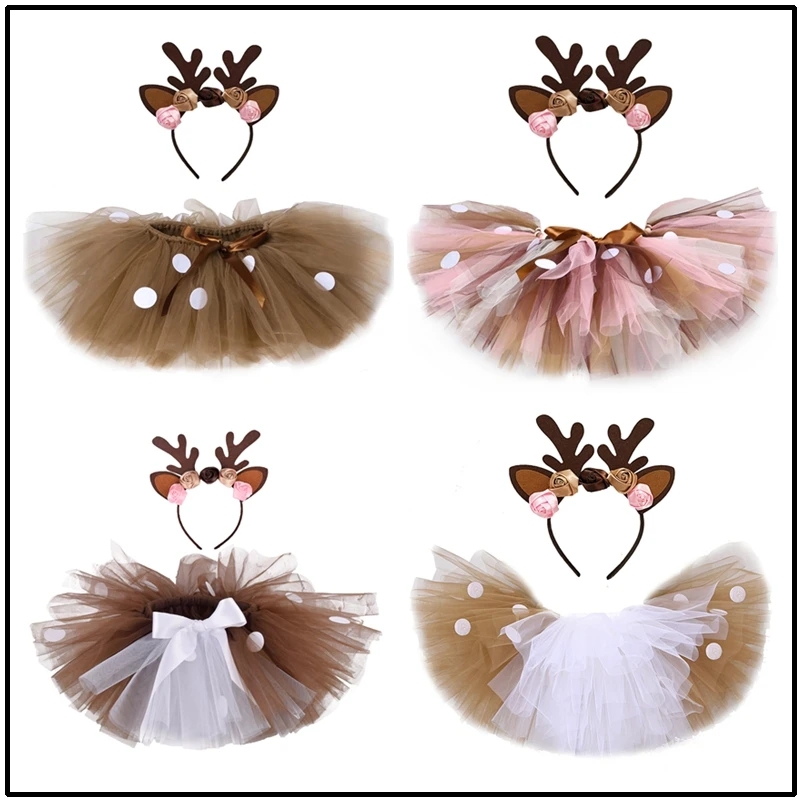 

2021 New Kids Girls Deer Tutu Skirt Outfit Fluffy Child Party Dance Tutu Tulle Skirts Halloween Christmas Elk Reindeer Costume
