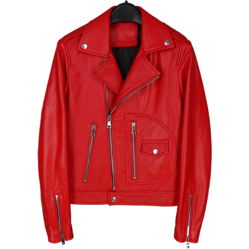 Chaqueta y abrigo de cuero genuino para motocicleta para mujer, cuello vuelto, rojo y negro, xxxxl, 3xl, 4xl, novedad de 2021