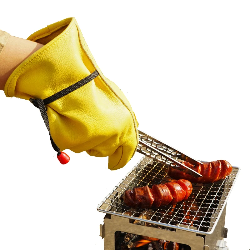 

Outdoor Camping Barbecue BBQ Insulation Gloves Cowhide Non-slip Thick Wear-Resistant Anti-scald Gloves Welding Protective Gloves