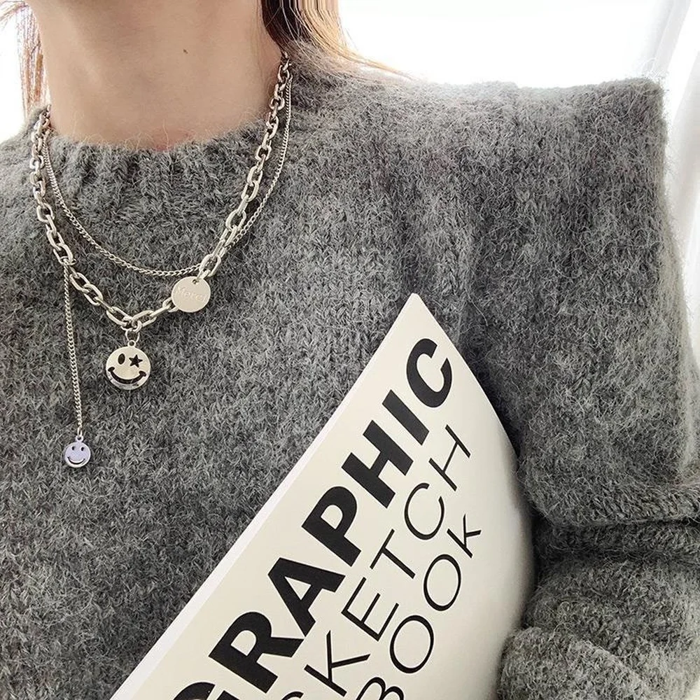 

Korea New Necklace 2021 Smiling Face Personality Necklace For Women Jewelry Gothic Sweater Choker Necklace Women Wholesale