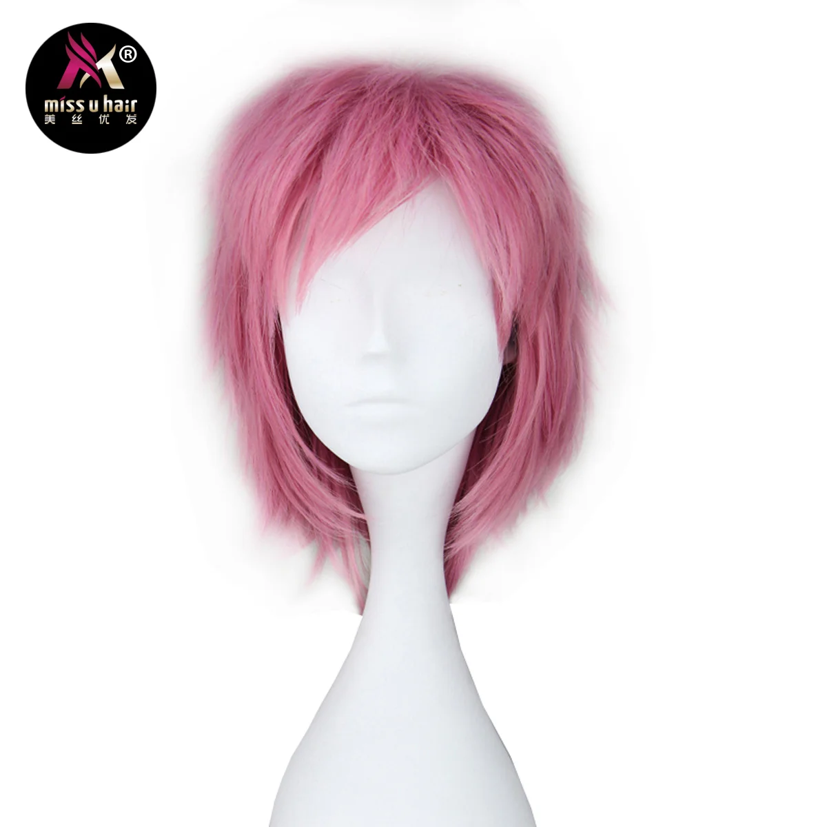 

Miss U Hair Unisex Straight Short Pink Anime Cosplay Wig with Bangs Halloween Costume Party Synthetic Hair