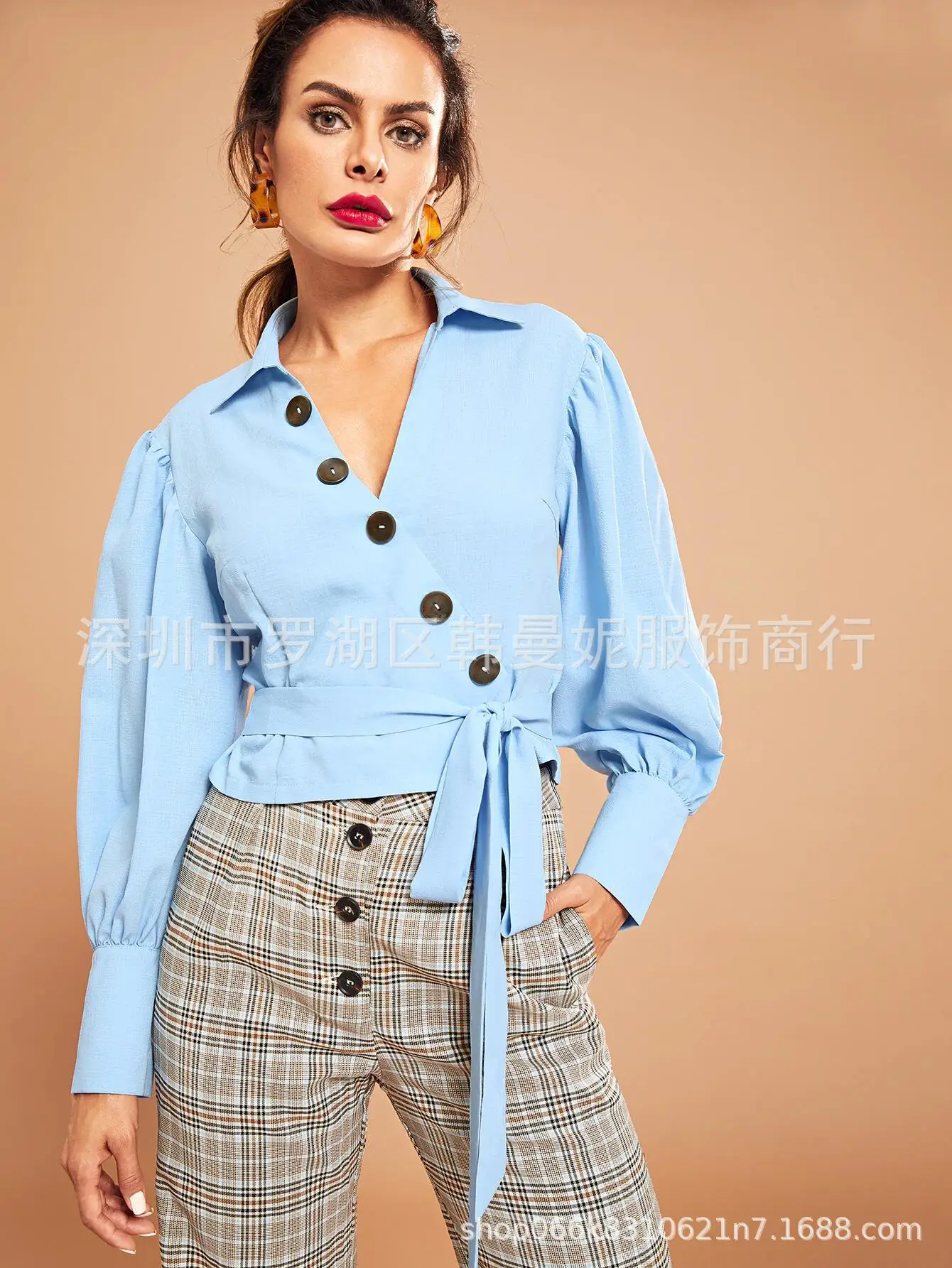 

Women Tops and Blouses Celmia Autumn Lantern Sleeve Tunic Shirts Casual Loose V-Neck Ladies Blusas femininas Belted Plus Size