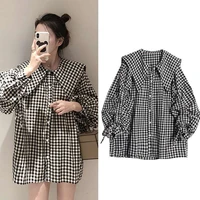 bow shirts womens 2021 new korean lantern sleeve plaid oversized blouse young preppy style plus size lapel peter pan collar tops