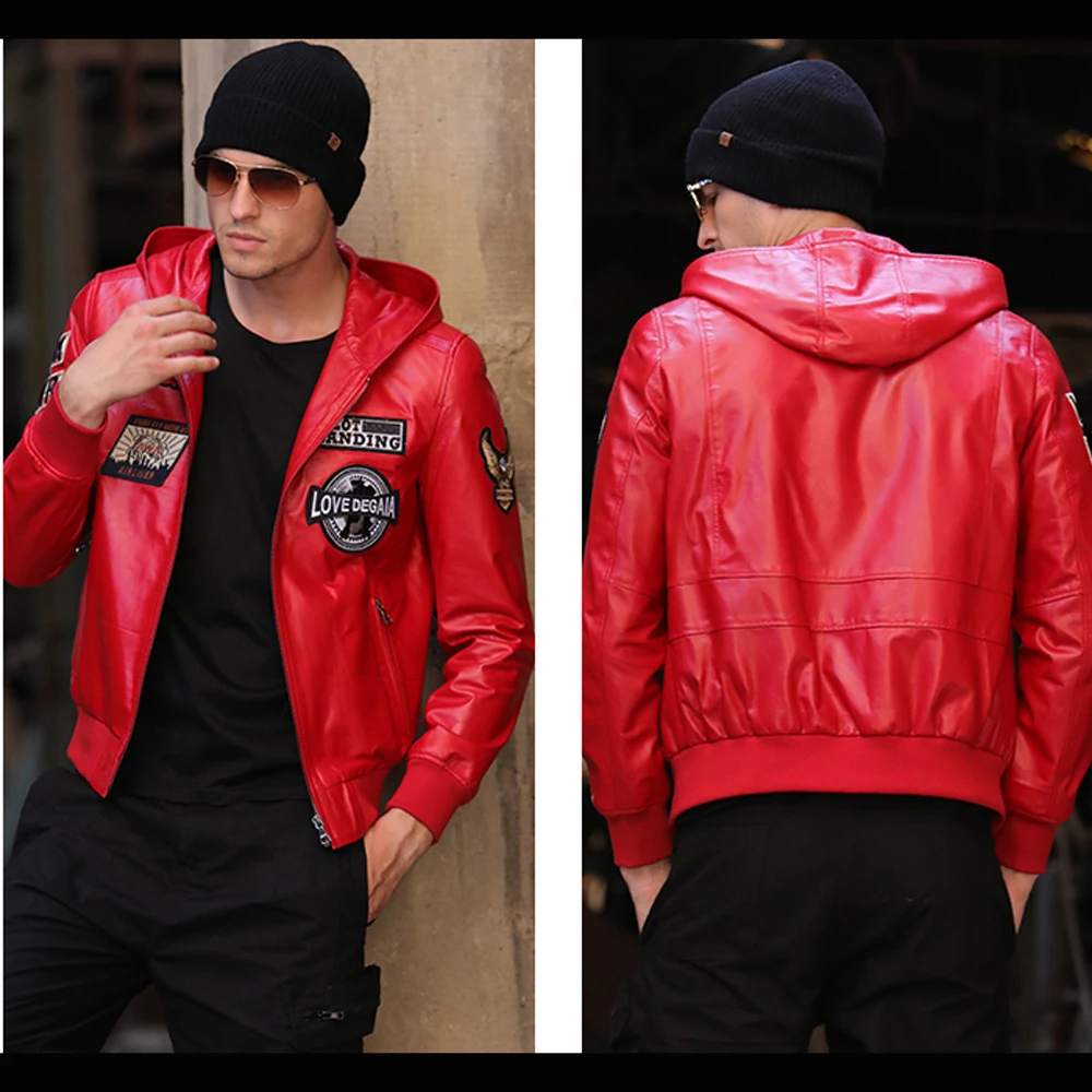 Мужская кожаная куртка с капюшоном красная Повседневная Верхняя одежда из