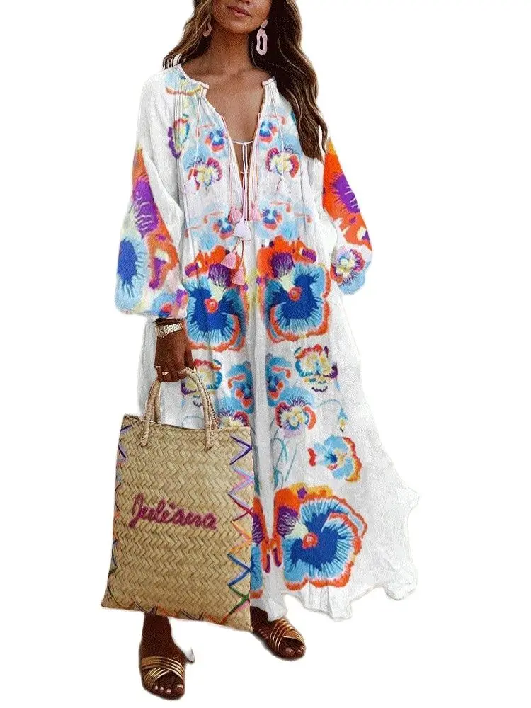 

V-Neck Plus Size Dress 2021 New Women's Long-Sleeved Collocation With Digital Printing Fashion Elegant Temperament Long Dress