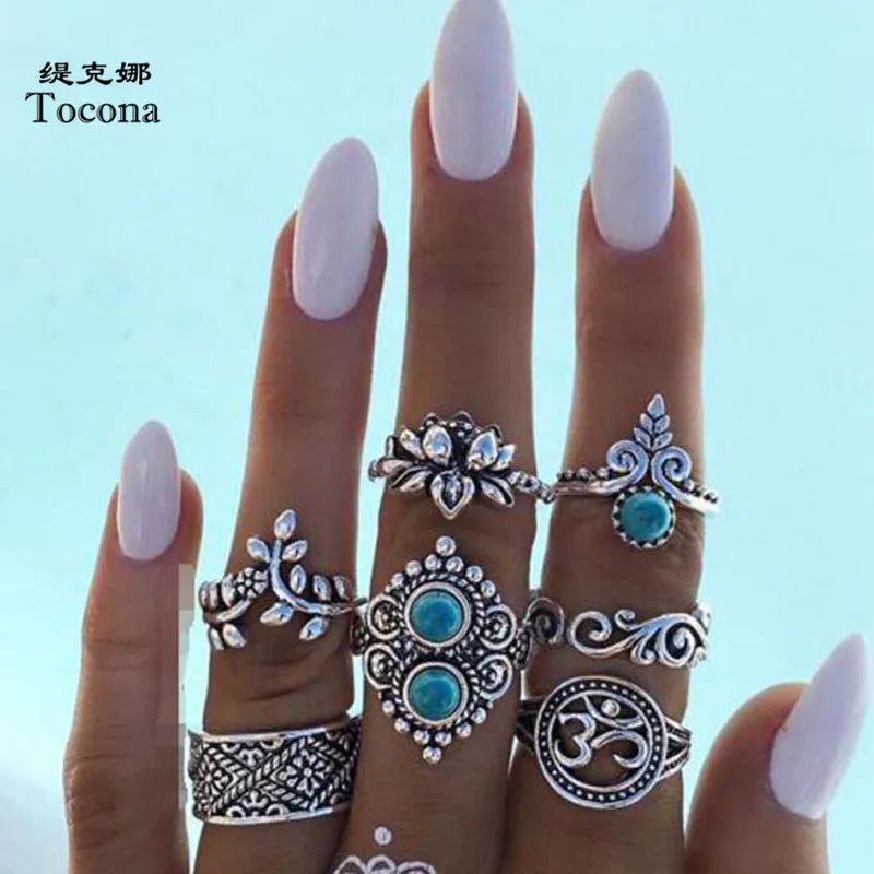 Кольца Tocona с цветами 7 шт./компл. серебристые кольца резьбой полые геометрия