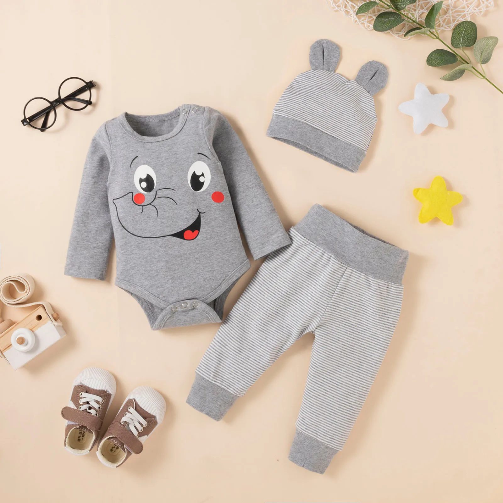 

Toddler Baby Boy Girls Cartoon Animal Pattern Bodysuit Romper Jumpsuit Tops PantsHat Long Sleeve Clothe 3PCS Outfit Set