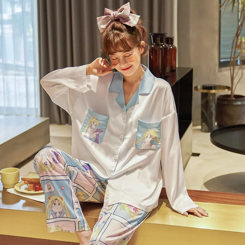 

2 Piece Pajama Set Women Ice Snow Silk Long Sleeve Cartoon Sleepwear Set Cozy Soft Color-Blocking Lapel Women's Home Clothes