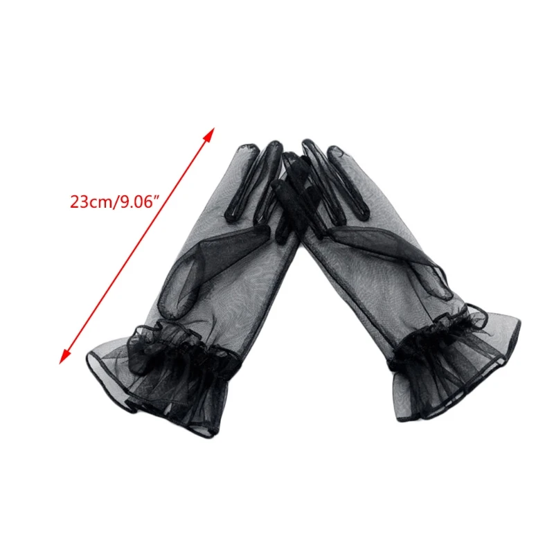 

Women Tulle Ruffled Trim Full Finger Gloves Female Prom Evening Party Vintage Sheer Mesh Solid Color Wrist Length Mittens