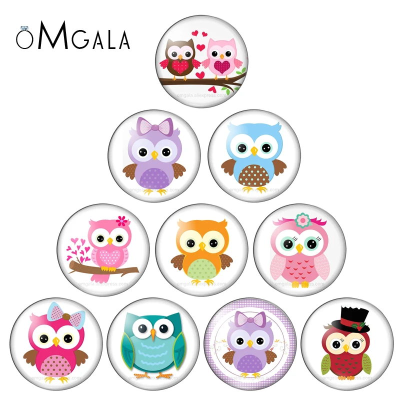 

Cartoon Animal Owl Colorful Darwing 10mm/12mm/16mm/18mm/25mm Round Photo Glass Cabochon Demo Flat Back Making Findings 10pcs/lot