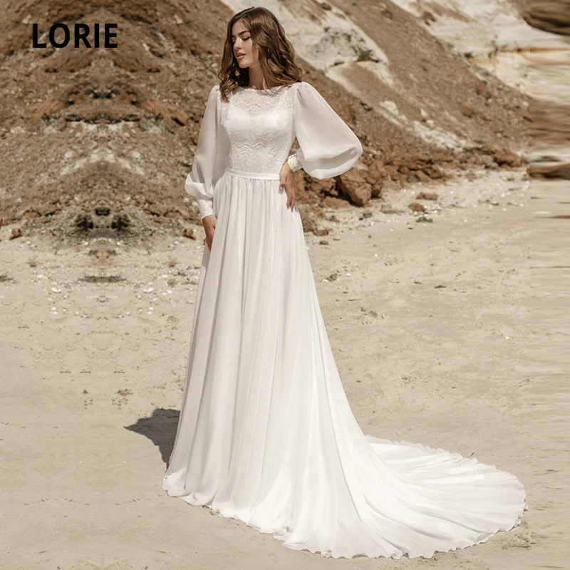 

LORIE Bohemian Wedding Dress Boho O Neck Appliques Lace A-Line Long Puff Sleeves Arabic Wedding Gown Modern Beach Bridal Dress
