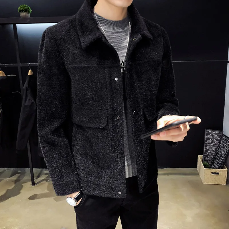 

Woolen Jacket Men Turn-Down Collar Single-Breasted Pockets Thickening Warm Short Outerwear Spring Autumn Korean Style Streetwear