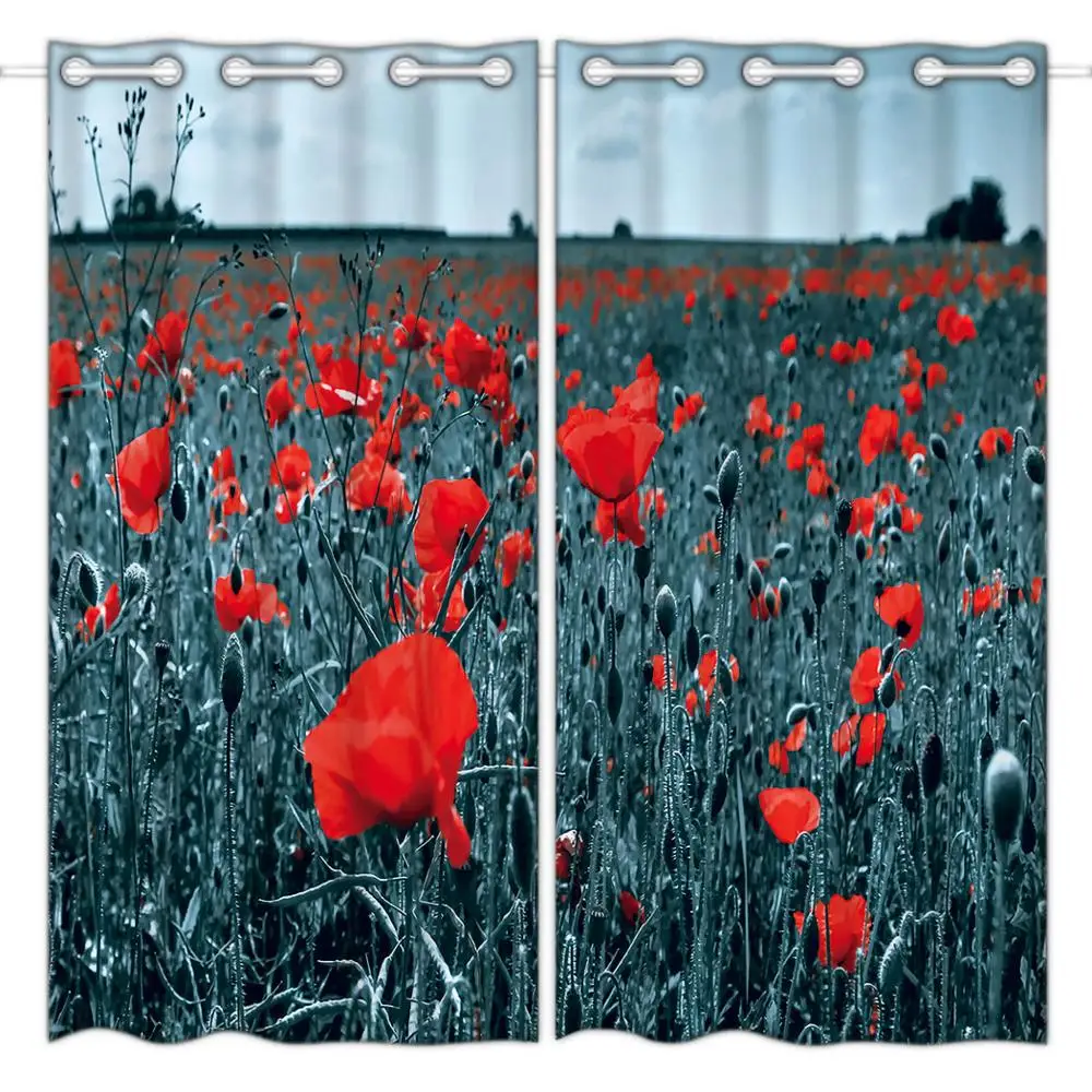 

HommomH blackout curtains (2 panels) top perforated bedroom high-quality fabric curtains red floral sea
