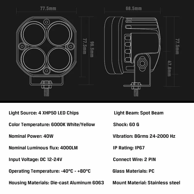 3inch 40W LED Work Light Bar Yellow Spot Pods Flood Beam for Driving Offroad Boat Car Tractor Truck | Автомобили и мотоциклы