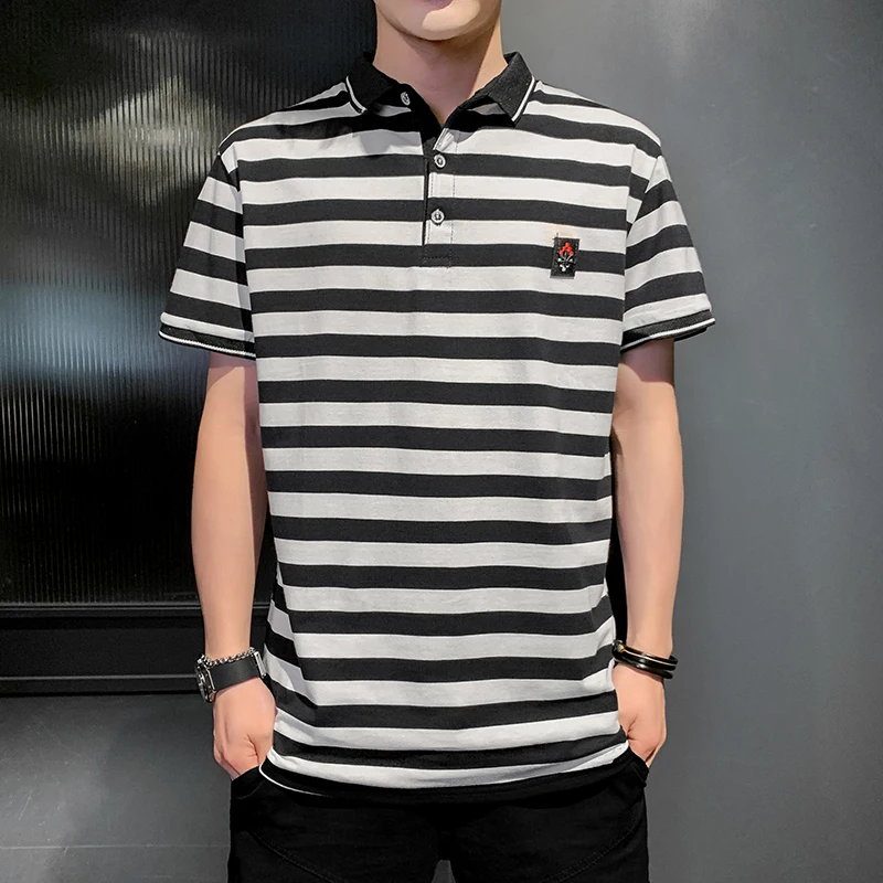 

2021 summer new polo men's summer casual upper sleeve striped short sleeve T-shirt trend