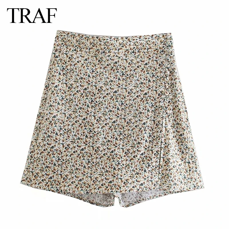 

TRAF 2021 Summer Women's New Style Shorts Flower Printed High Waist Zipper Shorts Set Fashion Retro Commuter Casual Daily Pants