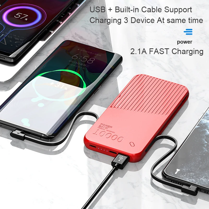

New 10000mAh Power Bank Built-in Phone Cable 10000 mAh Powerbank 2.1A Fast Charging Poverbank For Smart mobile Phone