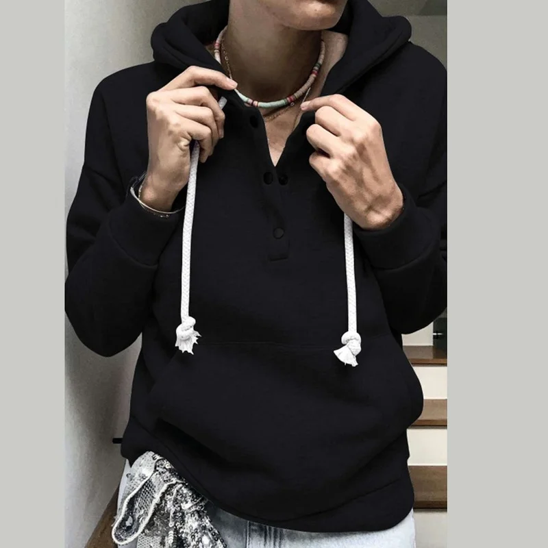 

Sweatshirts Women Autumn Winter Clothes Woman Pullover Hooded Sweatshirt Ladies Drawstring Button Neck Female Hoodie