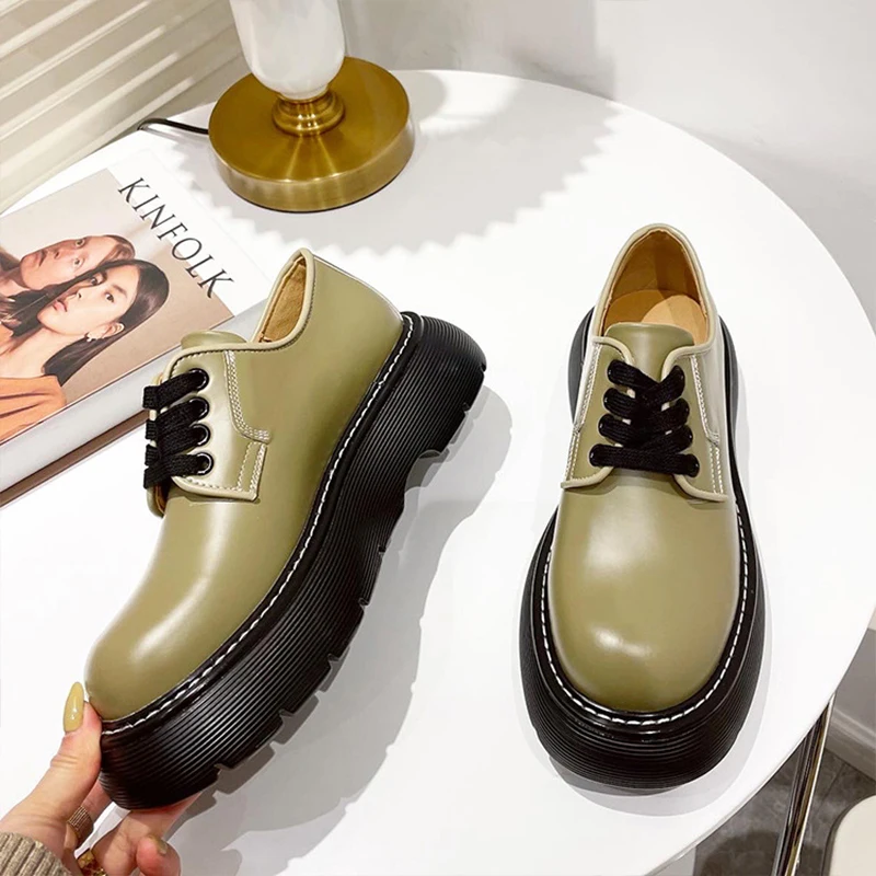 Shoes Women Genuine British cow women's shoes 2021 Leather  Round Toe Cross-Tied Thick Sole Ladies Shoes Slip On Flat Shoes