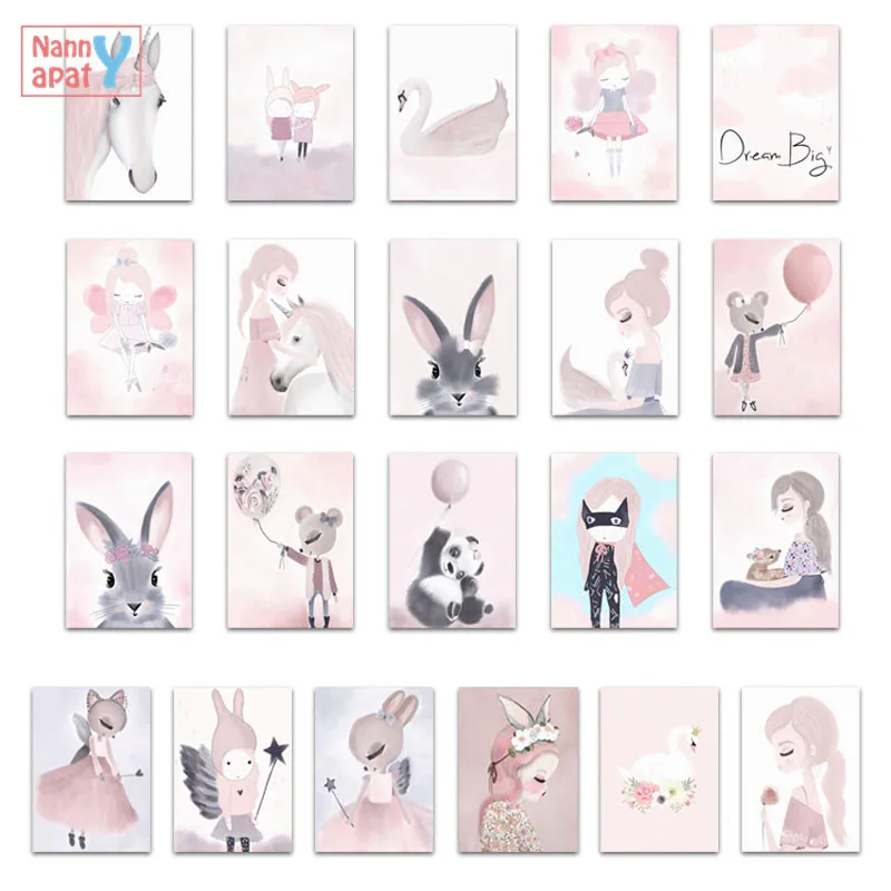 Акварельные рисунки мультфильм единорог олень кролик девушка рисунок на холсте