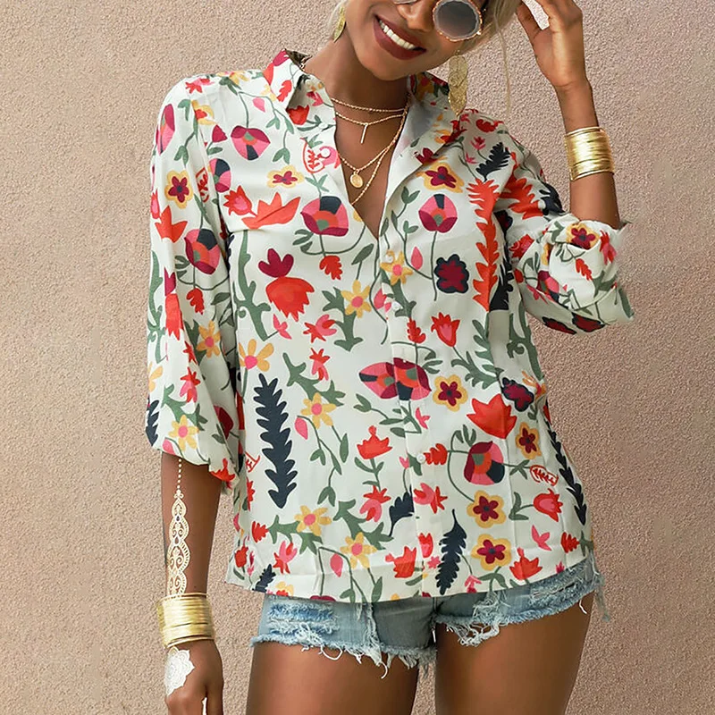 

Women Comfort House Commute T-Shirts Floral Print Lapel Loose Casual Tops Long Sleeve Single Breasted Office Lady Leisure Shirts