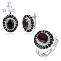 tbjnew style natural black garnet gemstone 925 sterling silver ring and earrings fine jewelry set for women party daily wear