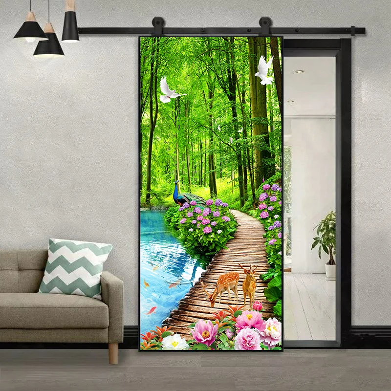 Наклейка на дверь сделай сам Настенная с изображением леса оленя павлина белого