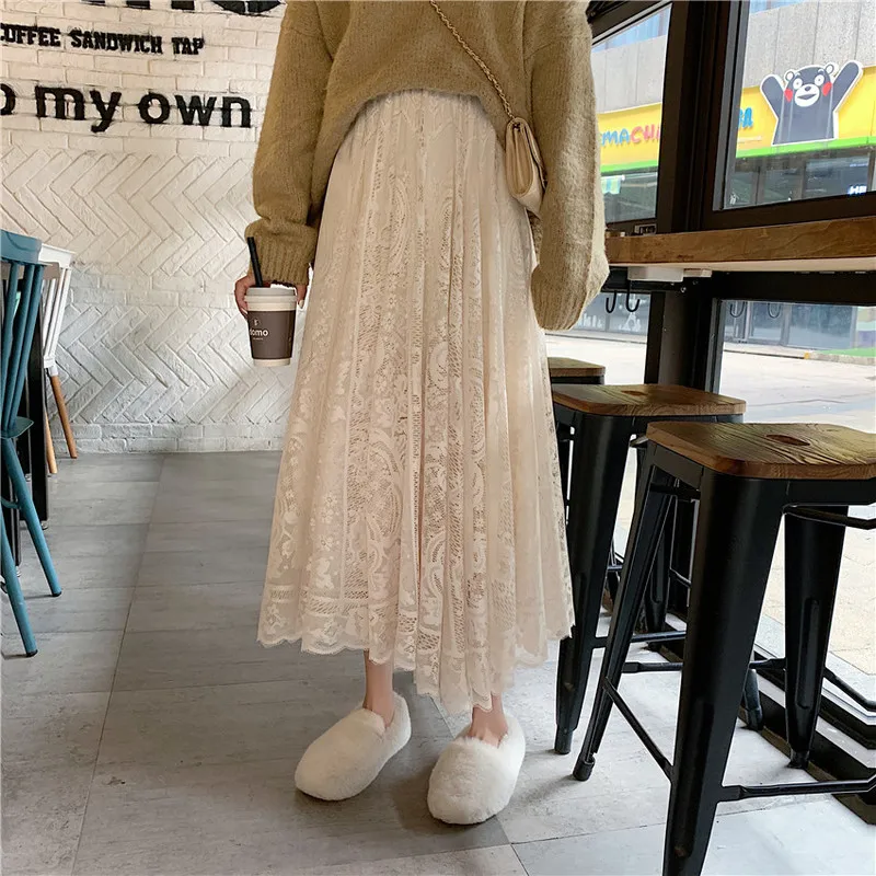 

2021 Spring New Korean Casual A-line Black Long Skirt Female Elastic High Waist Lace Skirts Fashion Womens Jupe Femme Elegant