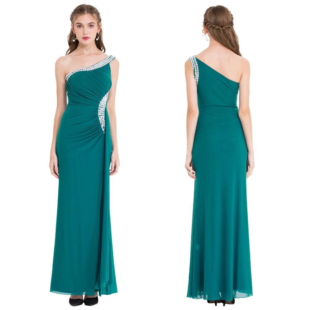 Женское дл.веч.платье, с бисером, Angel-Fashions, синее длинное вечернее платье с одним открытым плечом и разрезами, расшитое бисером, модель 075 411