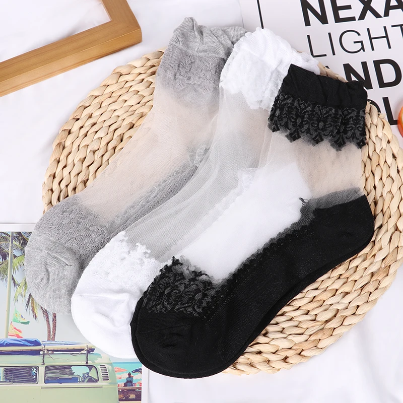 3 pairs 3/5 пар, горячая Распродажа, крутые дышащие летние стильные сексуальные черные кожаные носки, однотонные кружевные нейлоновые носки для женщин и девочек - Цвет: 3 pairs