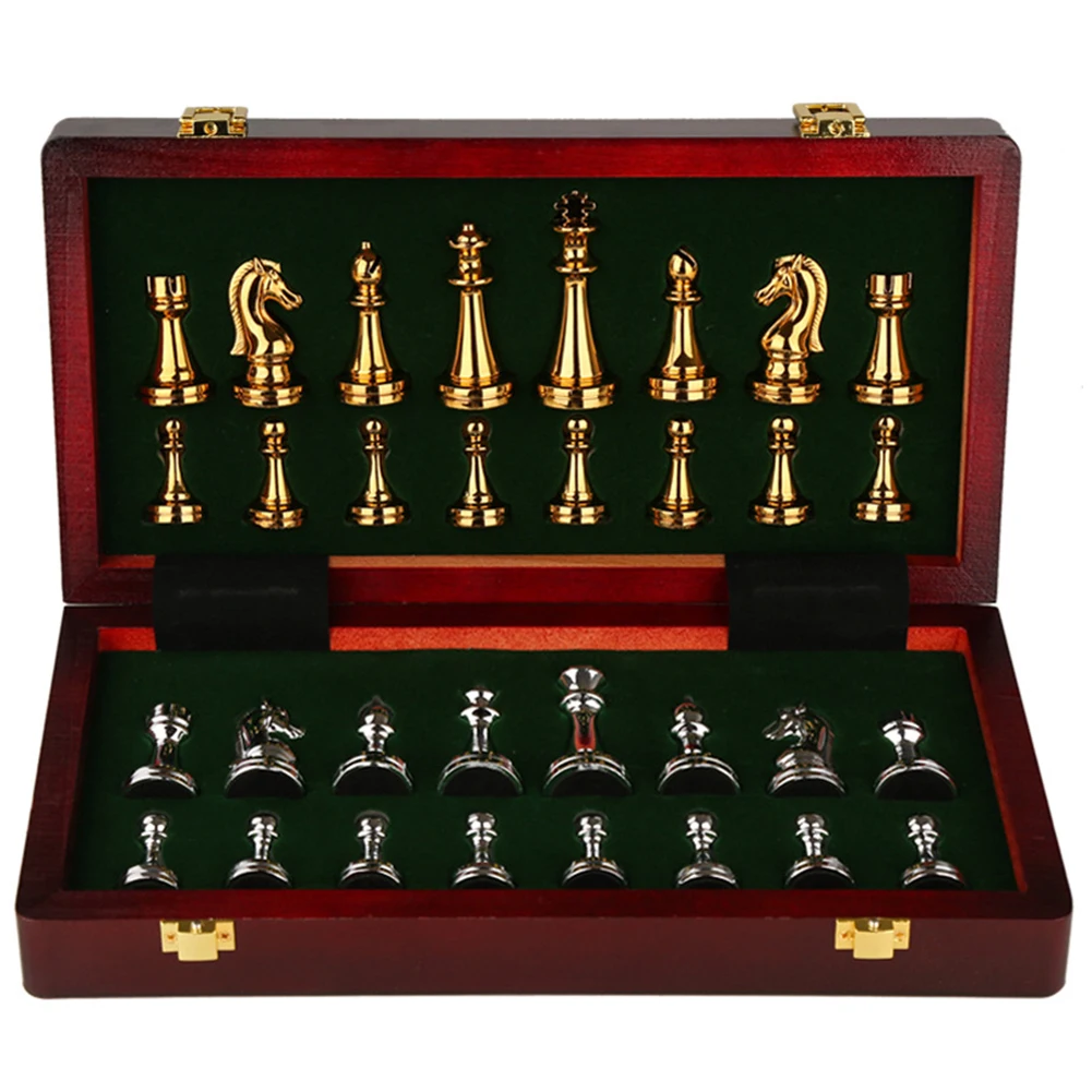 

Medieval Chess Set with Wooden Chessboard Adult Kids Metal International Chess Pieces Family Game Toys Accessories Indoor Decor