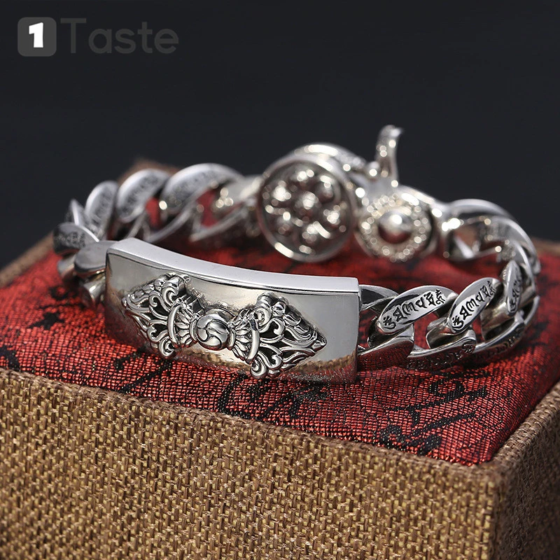Один вкус 100% 925 пробы Серебряный буддизм мужские браслеты резьба Пест Ваджра Ом