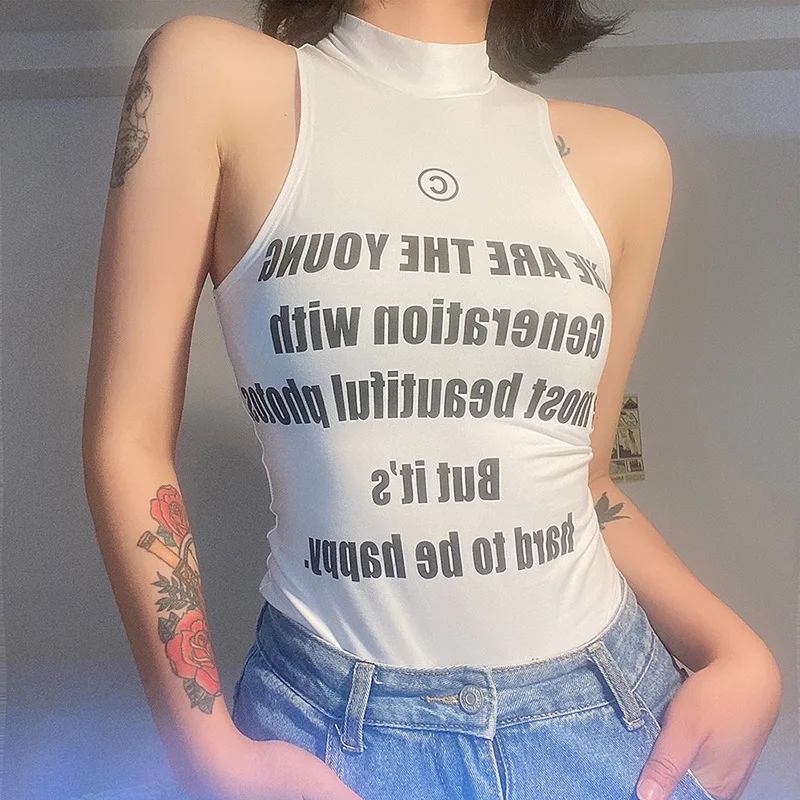 Женский облегающий Боди без рукавов Gothblack белый топ с круглым вырезом и буквенным