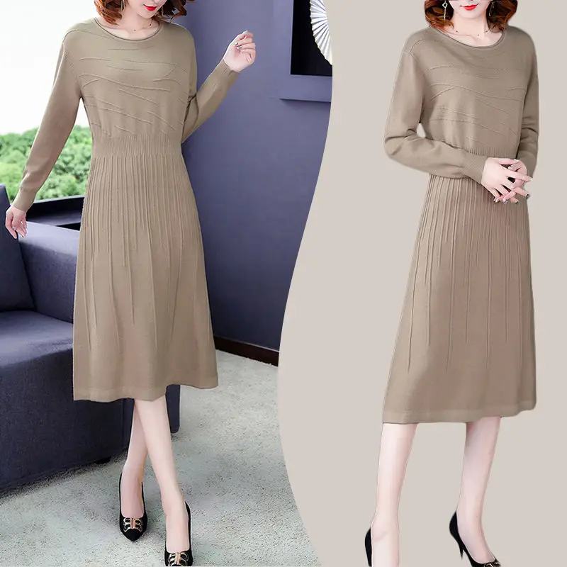 

2021 Chic Long Knit Maxi Women Sweater Dress Thick Warm Winter Pleated Dress Female Rib O-neck A Line Dress Office Lady Y471