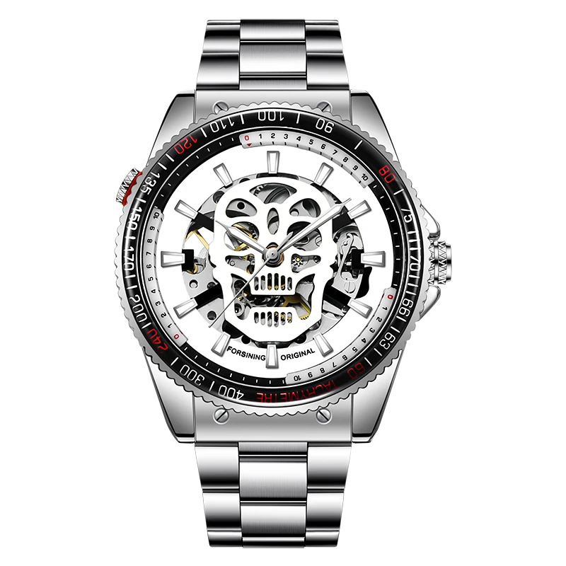 Forsining механические часы с скелетом из нержавеющей стали мужские черепом