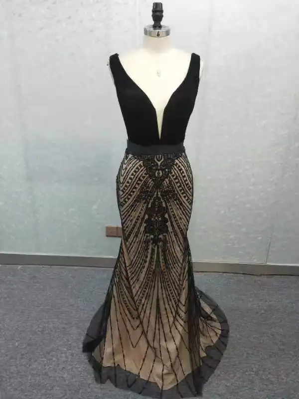 Женское вечернее платье-русалка черно-золотистое платье с глубоким V-образным
