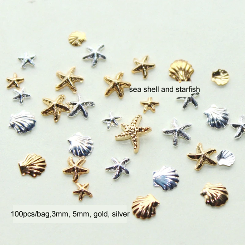 100 unids/bolsa de Metal 3D de 3MM y 5M, concha de mar, estrella de mar, oro mezclado, plata,