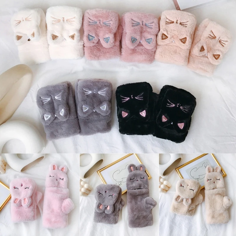 

Women Men Winter Fluffy Plush Half Finger Gloves Cartoon Animal Embroidery Ears Convertible Flip Top Fingerless Mittens