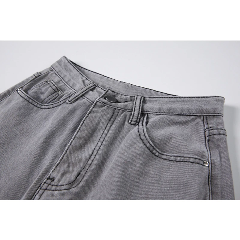 Женские джинсы с высокой талией серые рваные мешковатые широкие брюки в уличном