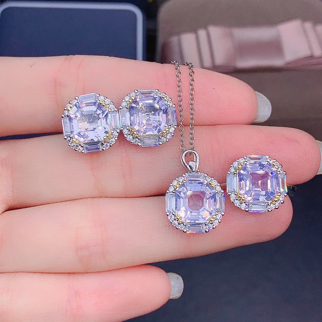 luxurious Asscher Lavender Quartz Halo Sets 925 Sterling Silver Jewelry Ring Earrings Pendant For Women Gift