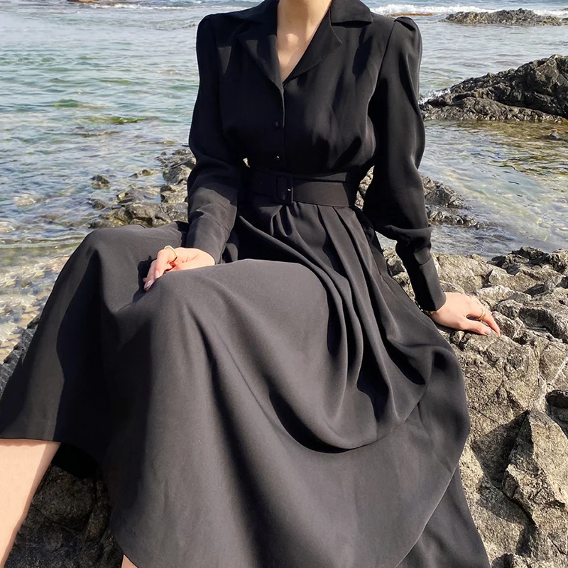

FAKUNTN Dress Korean One Piece Chic Early Autumn Temperament Suit Collar Single Breasted Design High Waist Loose Windbreaker