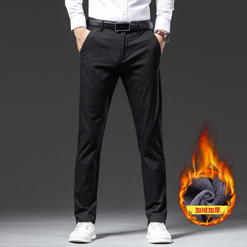 

2021 зимние брендовые флисовые плотные теплые прямые брюки, деловые повседневные мужские классические брюки с высокой талией Lyocell