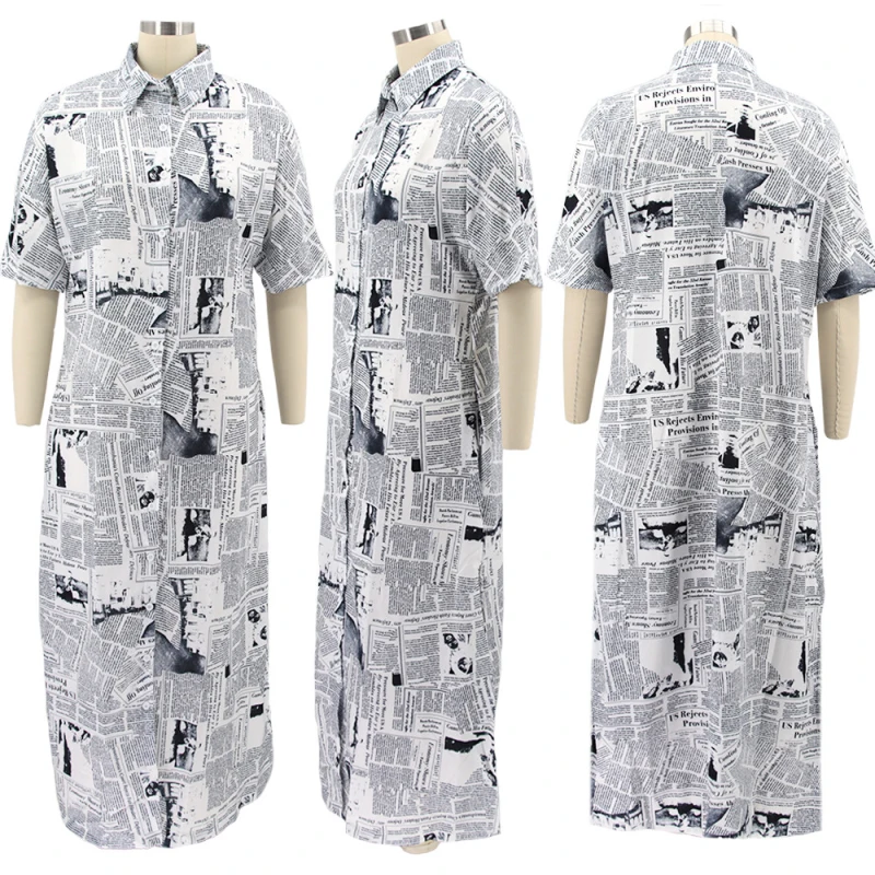 

2021 New Fashion Women Long Loose Shirt Dress Newspaper Print Single Breasted Pockests Dress Streetwear